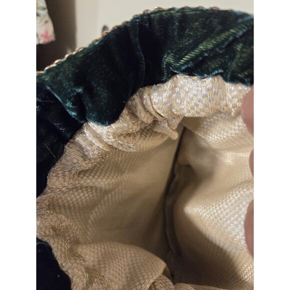 Velvet Polti Bag Forest Green Gold Floral Beading Ribbon Drawtring Satin Lined - Picture 6 of 9